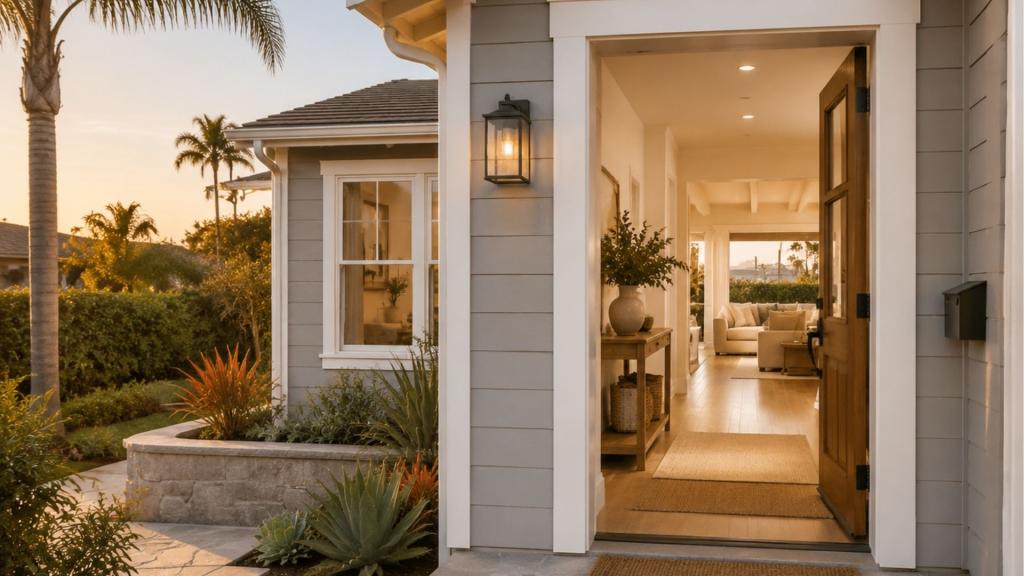 Front entrance of a modern home with open door showing interior living space in San Diego