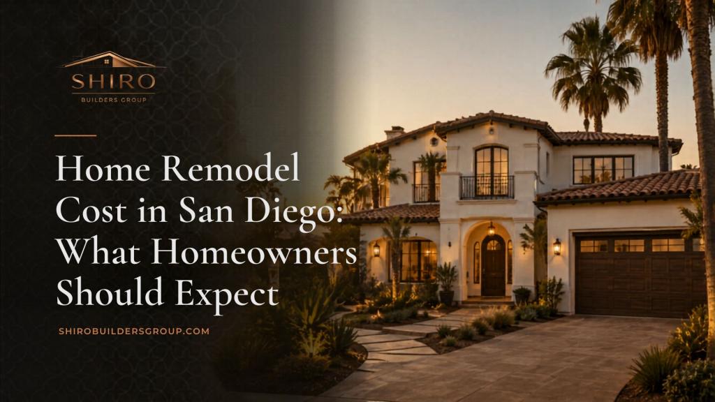 Luxury San Diego home exterior at sunset, showcasing a modern two-story house with tiled roof, landscaped front yard, and warm lighting