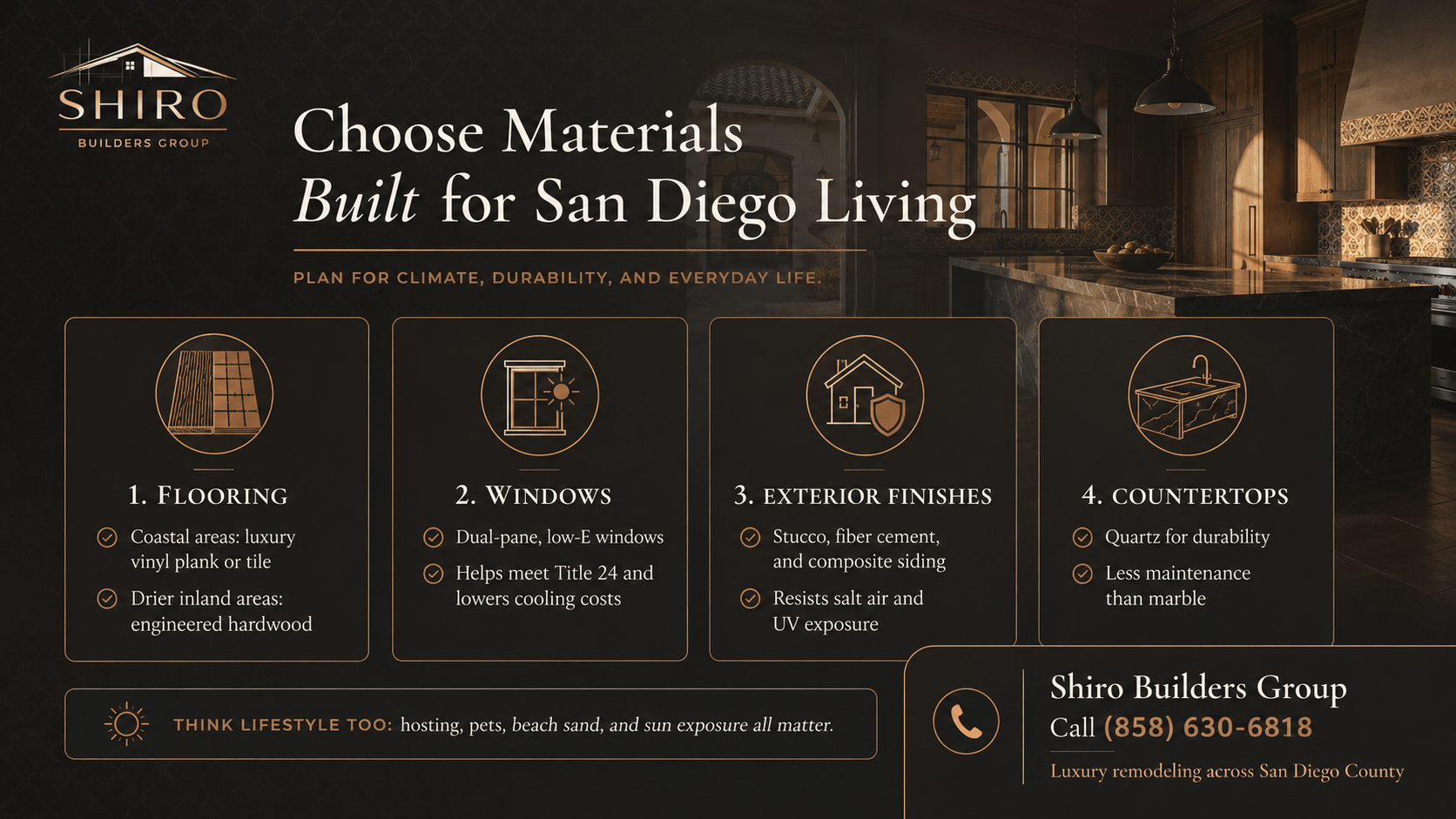 Home remodeling planning materials for San Diego homes showing flooring, windows, exterior finishes, and countertops