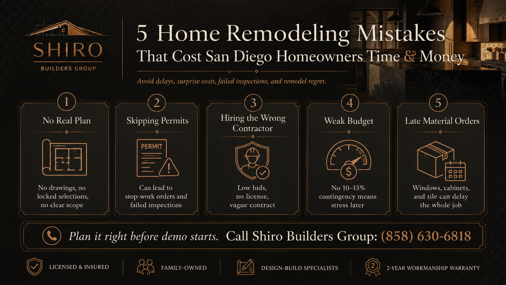 Infographic showing 5 common home remodeling mistakes San Diego homeowners make, including no real plan, skipping permits, hiring the wrong contractor, weak budget, and late material orders