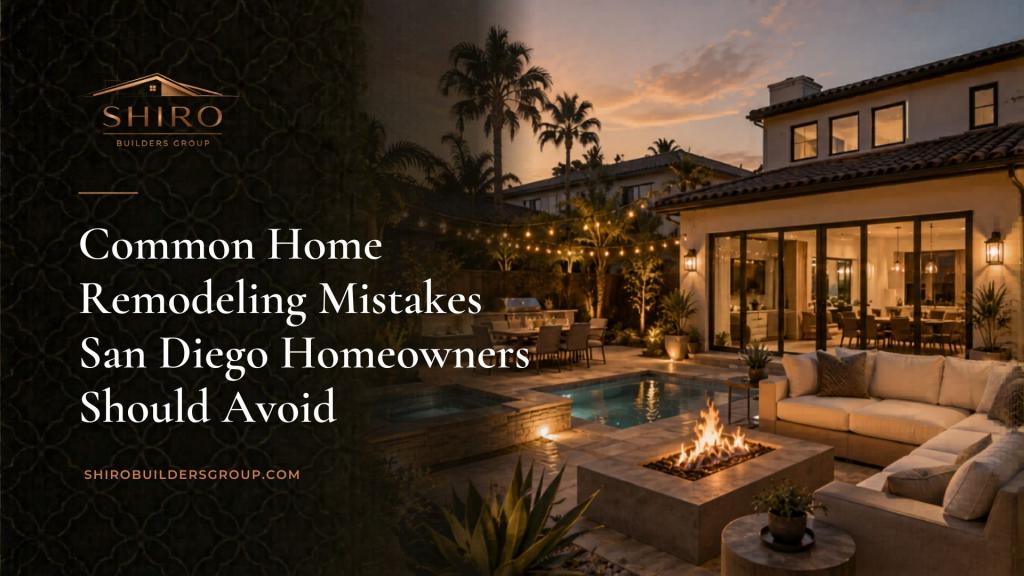 Luxury modern home exterior at sunset showcasing outdoor patio, fire pit, pool, and landscaping in San Diego