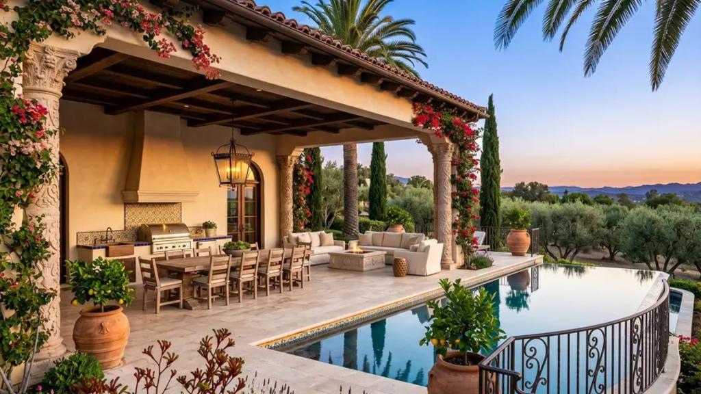 Luxury outdoor living area with covered patio, built-in kitchen, pool, and scenic view, ideal for home remodeling planning in San Diego