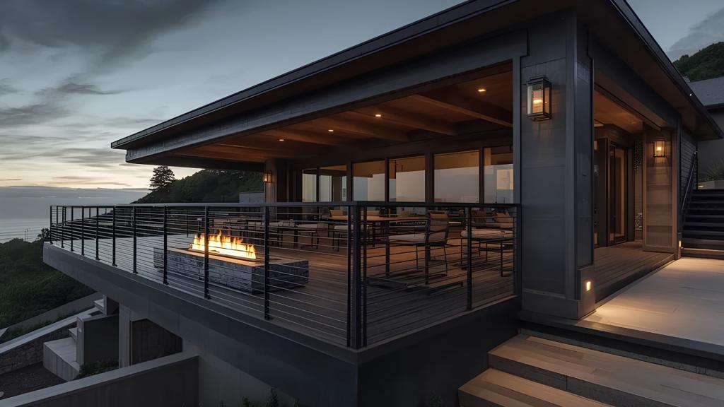 Modern multi-level home exterior at sunset in San Diego, showcasing high-end materials, outdoor living spaces, and lighting