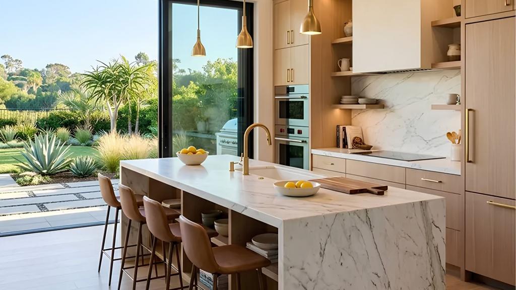 Modern open-concept kitchen and living area with large island and seating, illustrating a major vs minor remodel example