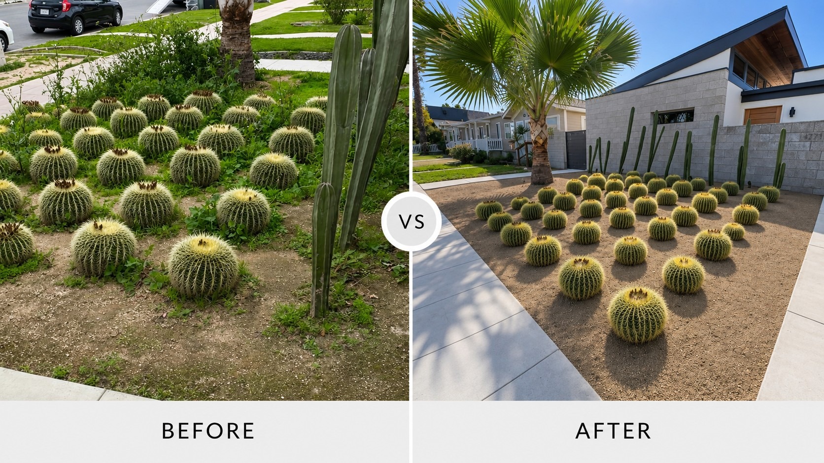 Outdoor remodeling featuring desert-style front yard landscaping with cactus plants, palm tree, and modern hardscape design.