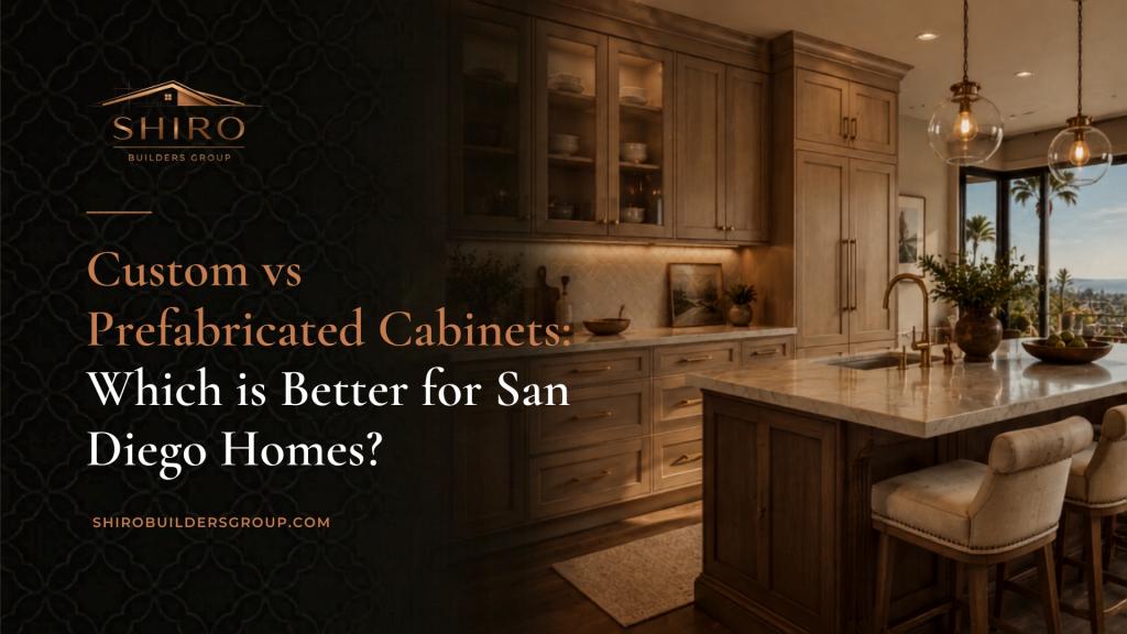 Custom vs prefab cabinets comparison graphic for San Diego kitchen remodel planning by Shiro Builders Group