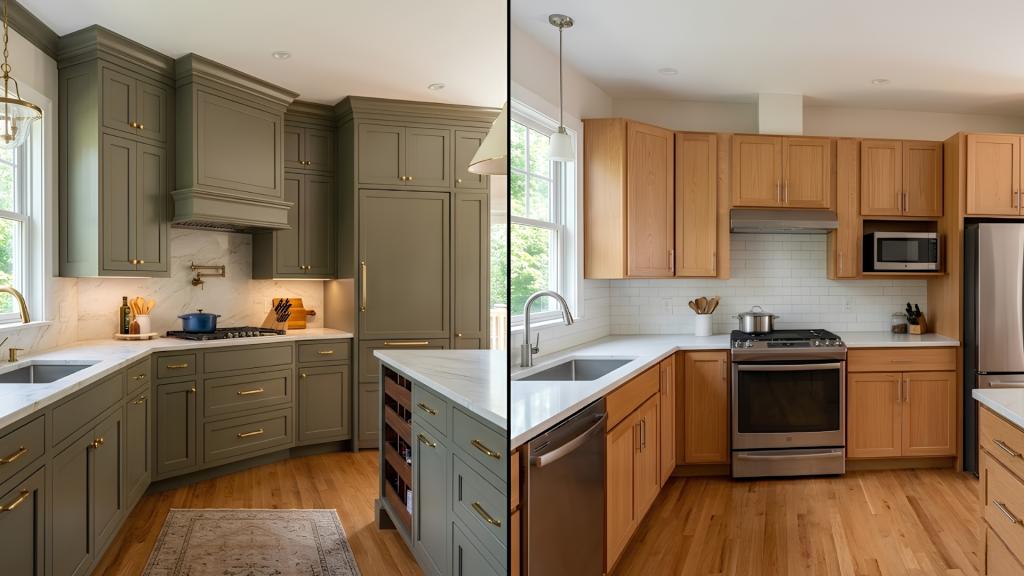 Custom vs prefab cabinets comparison showing two kitchen cabinet styles for San Diego homeowners planning a remodel