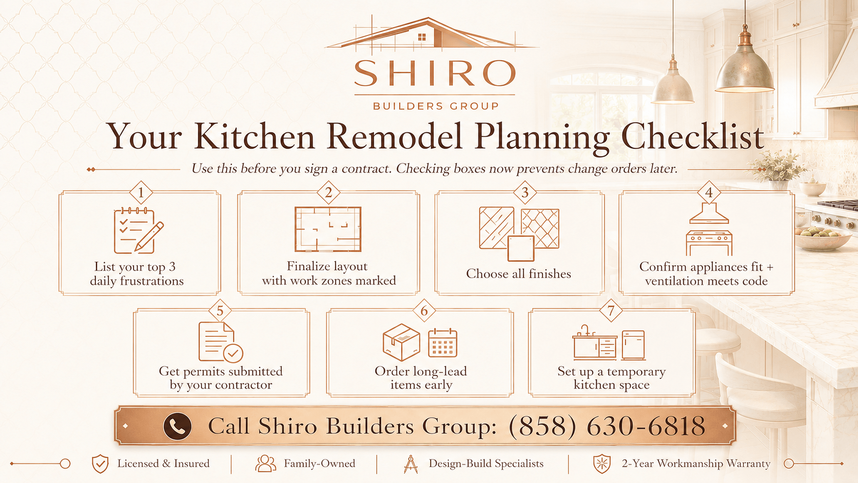 Shiro Builders Group infographic showing kitchen remodel planning steps, including layout, finishes, permits, appliances, long-lead items, and temporary kitchen setup