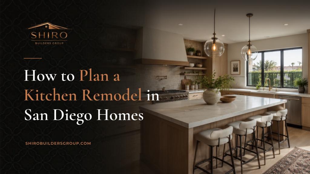 Shiro Builders Group graphic showing a modern kitchen remodel in a San Diego home with an island, natural light, and warm coastal design