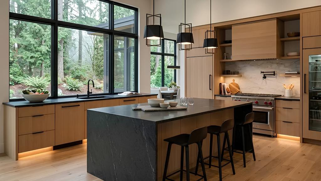 Contemporary kitchen remodel in a San Diego home with a large island, wood cabinets, black countertops, and natural light