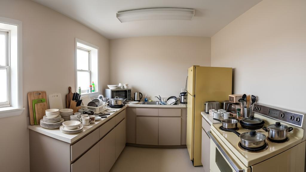 Outdated kitchen layout with cluttered countertops, limited storage, and aging appliances in a San Diego home