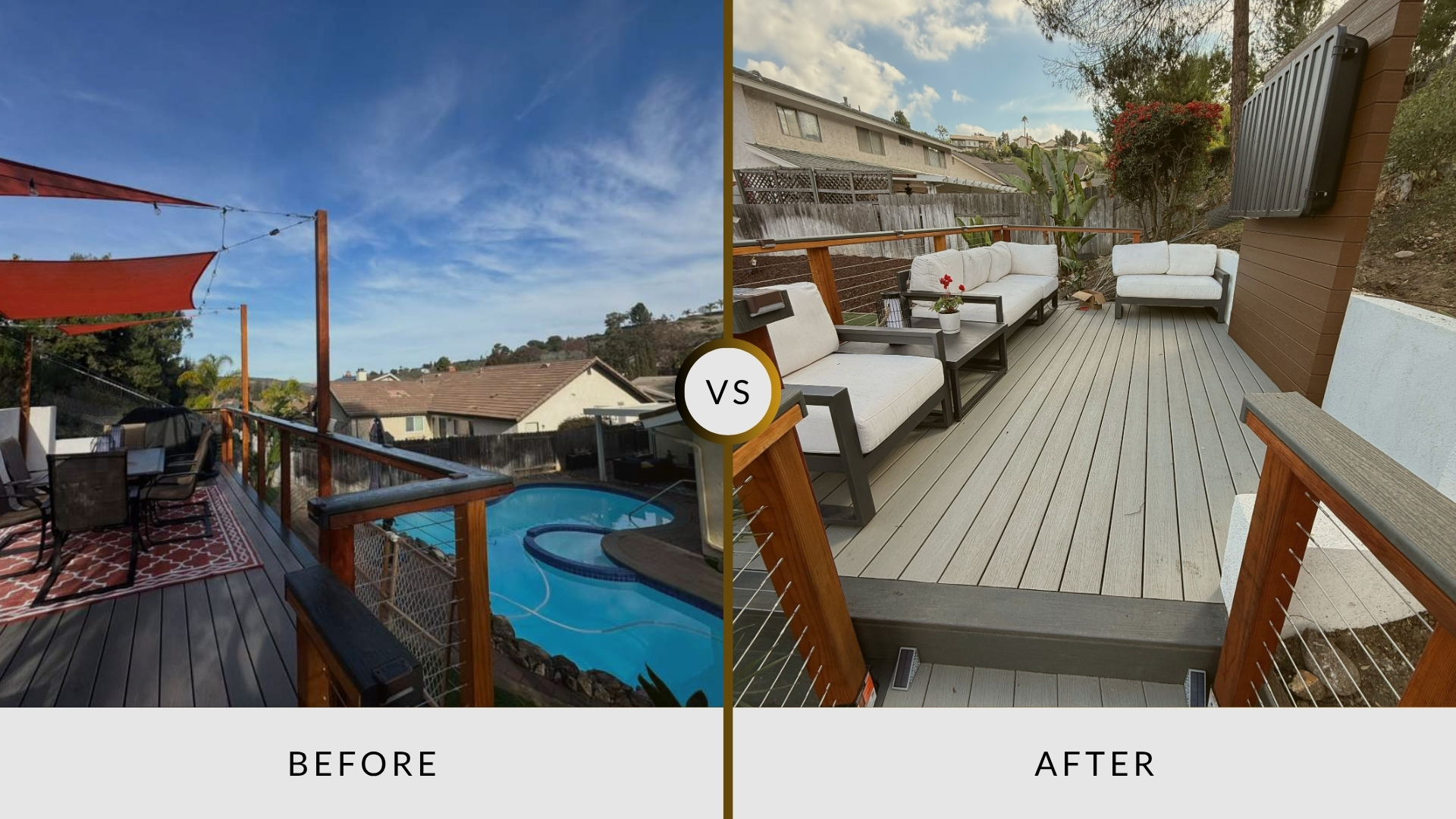  Side-by-side comparison of a backyard deck before and after renovation, showing an older area with a pool on the left and a modernized seating area with sofas and tables on the right.