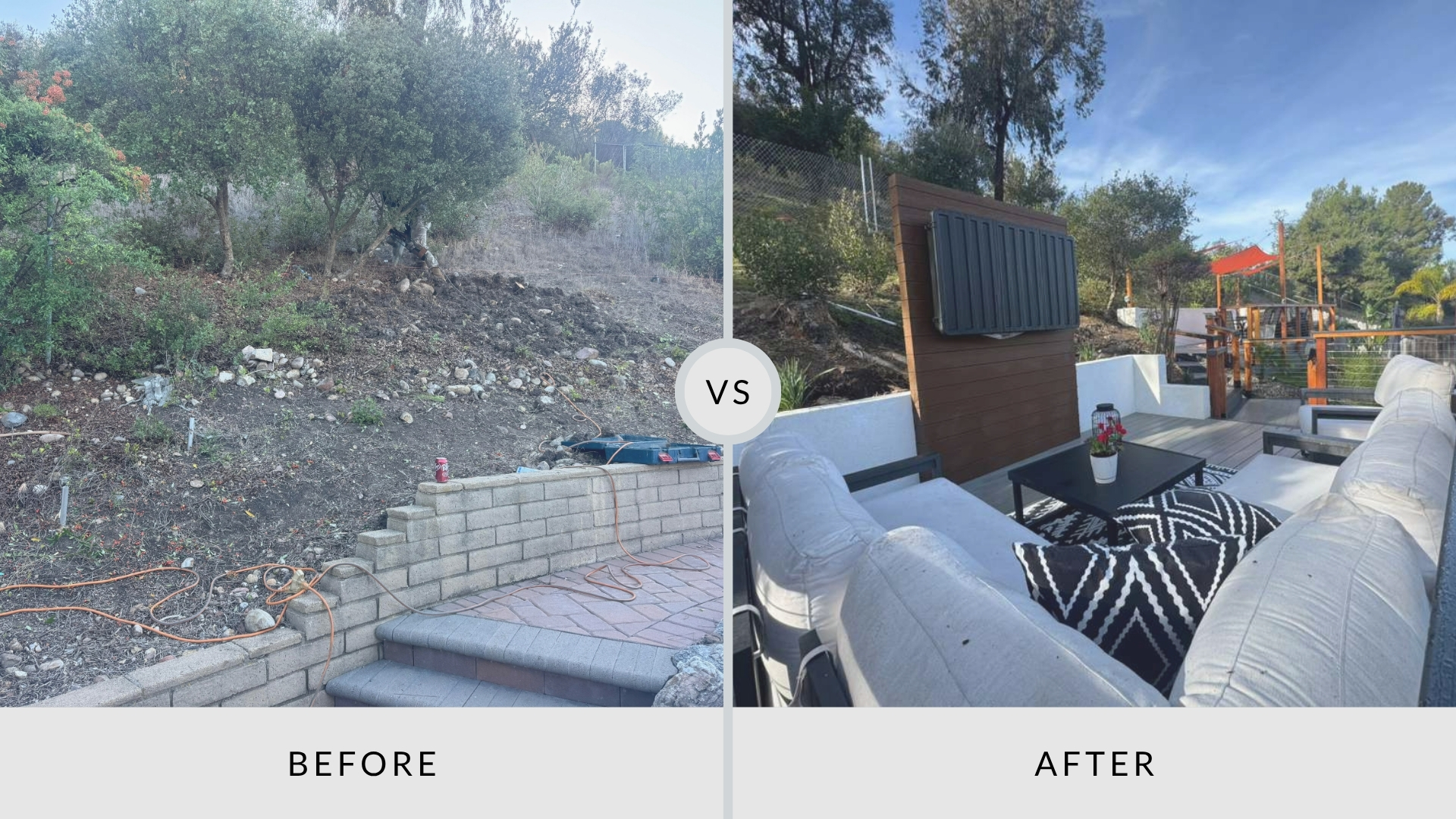 Before-and-after custom cable-rail deck in San Diego featuring an elevated outdoor lounge with modern seating and upgraded railings.