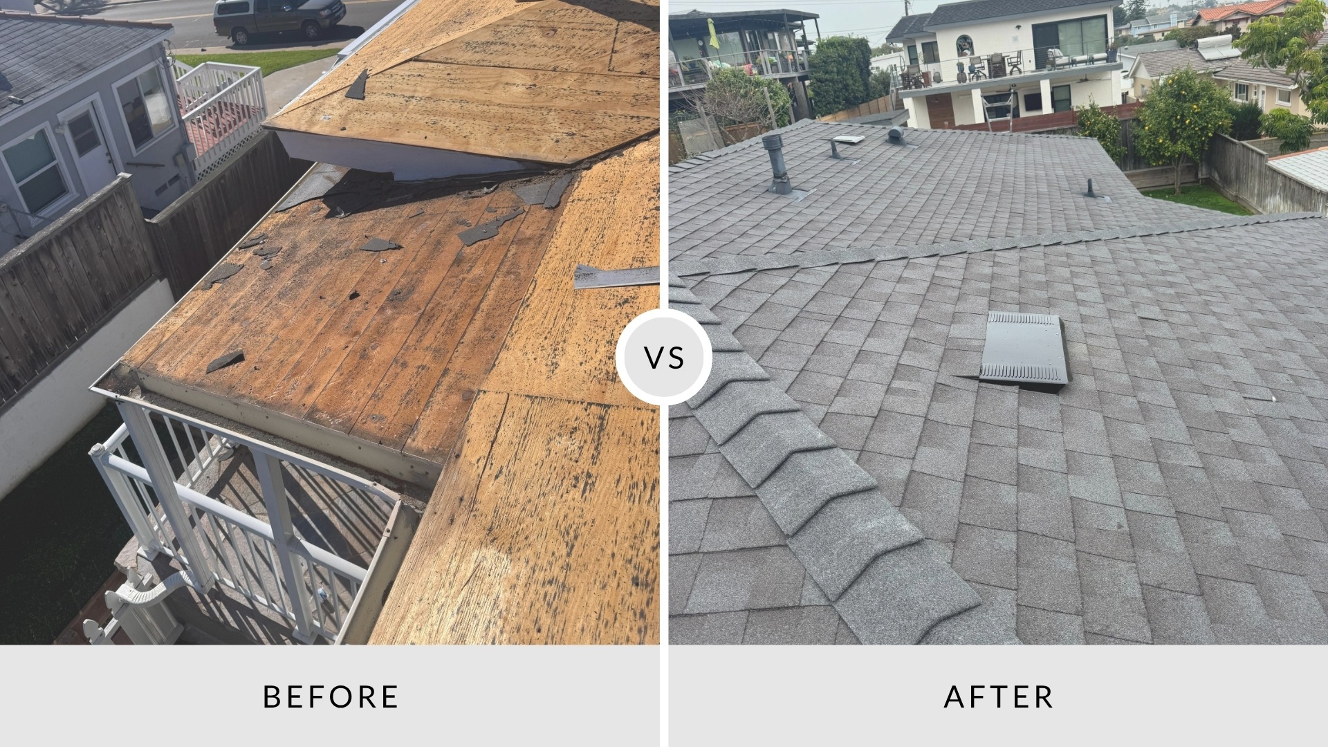 Roof replacement before and after featuring a worn roof with exposed decking upgraded to architectural shingles for improved durability and appearance.