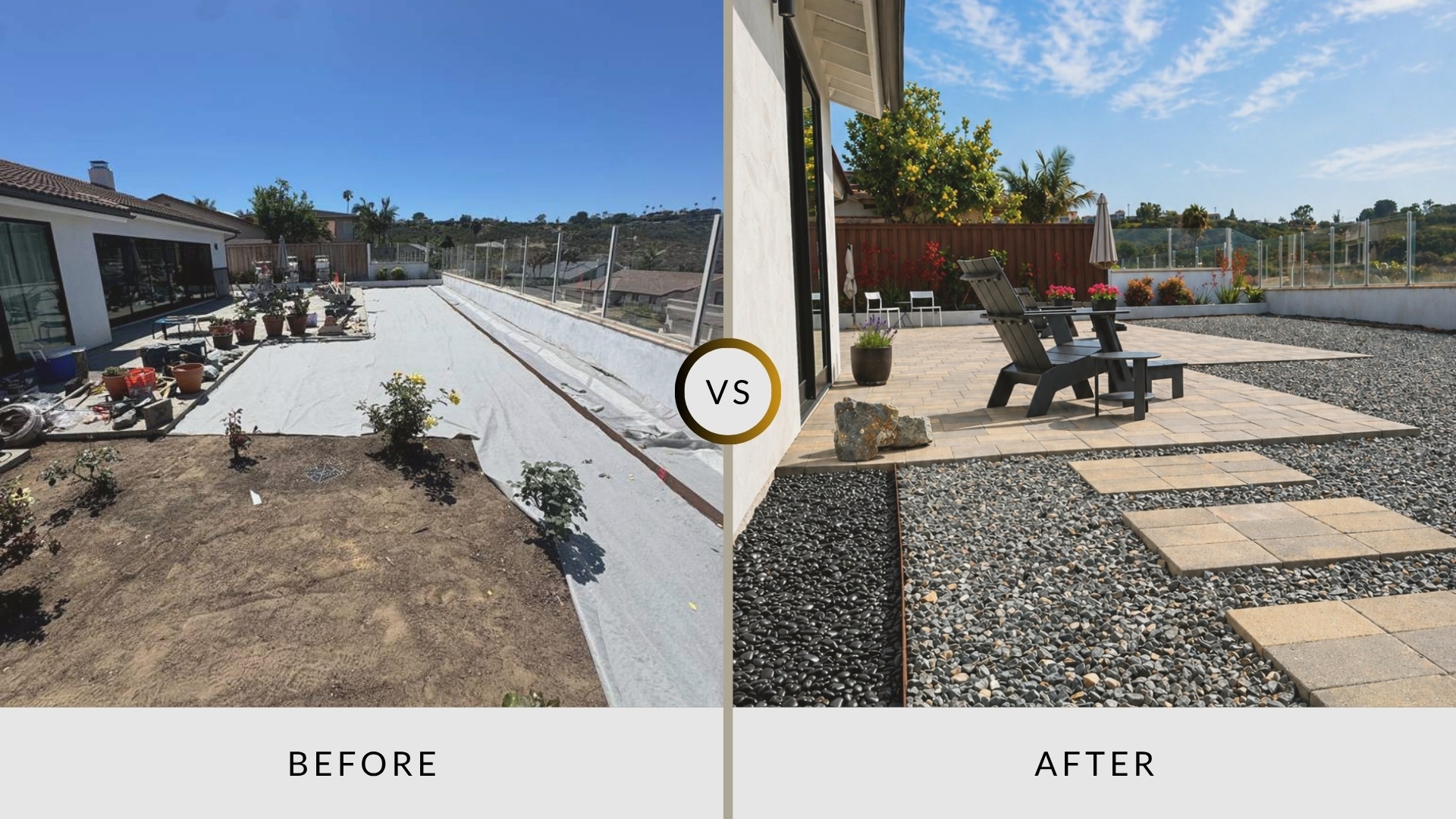 Before and after backyard remodel featuring a new paver patio, decorative gravel, modern seating area, and refreshed landscaping for improved outdoor living