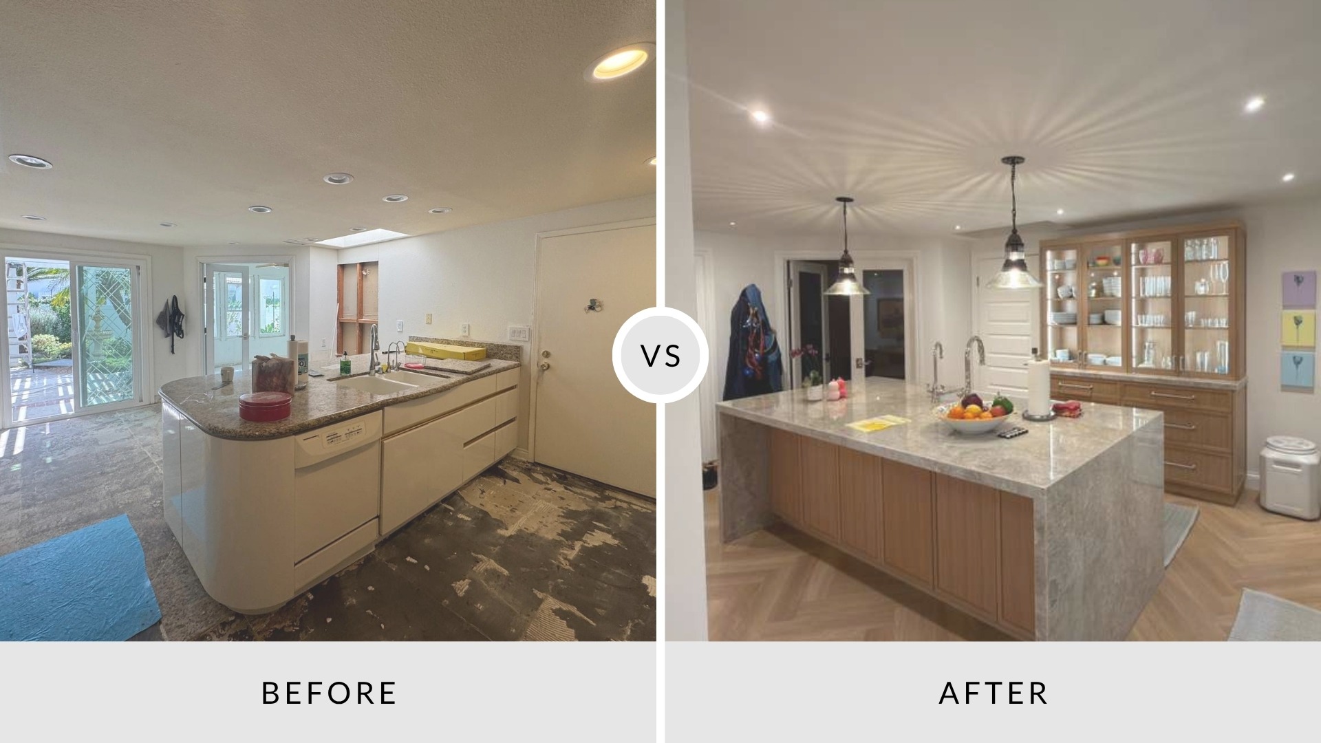 Kitchen renovation San Diego before and after comparison featuring a remodeled kitchen with a large island, custom cabinets, stone countertops, and improved lighting.