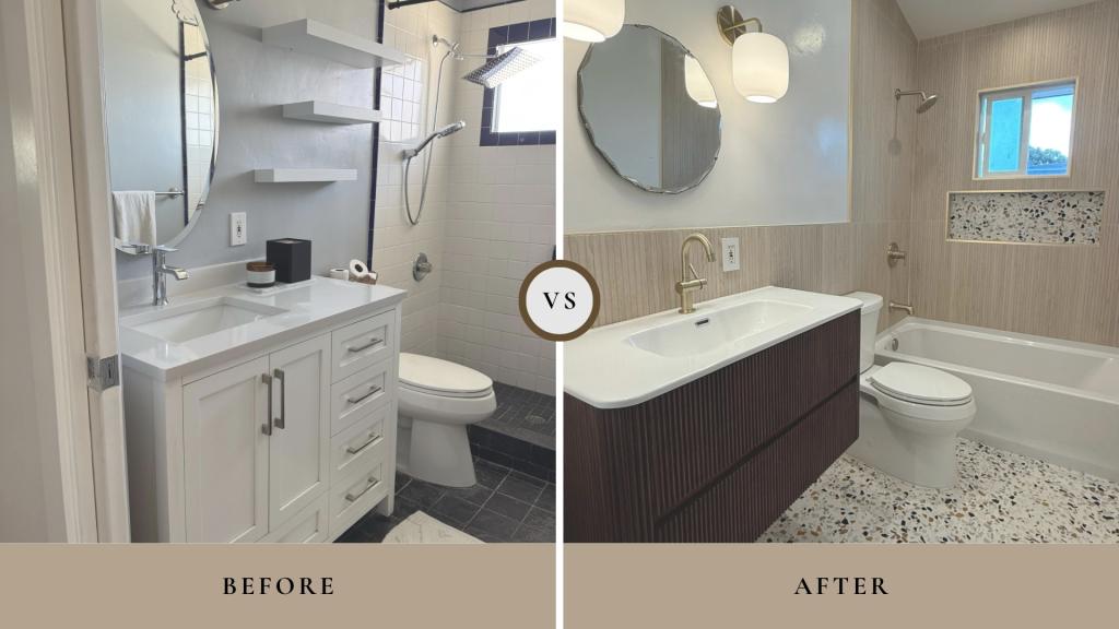 Outdated bathroom fixtures replacement before-and-after in San Diego