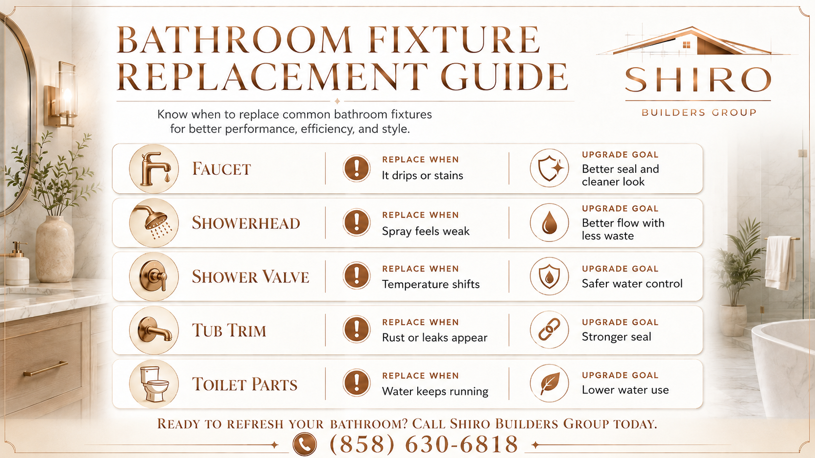 Shiro Builders Group infographic explaining bathroom fixture replacement signs, including dripping faucets, weak shower spray, temperature shifts, rust, leaks, and running toilet parts