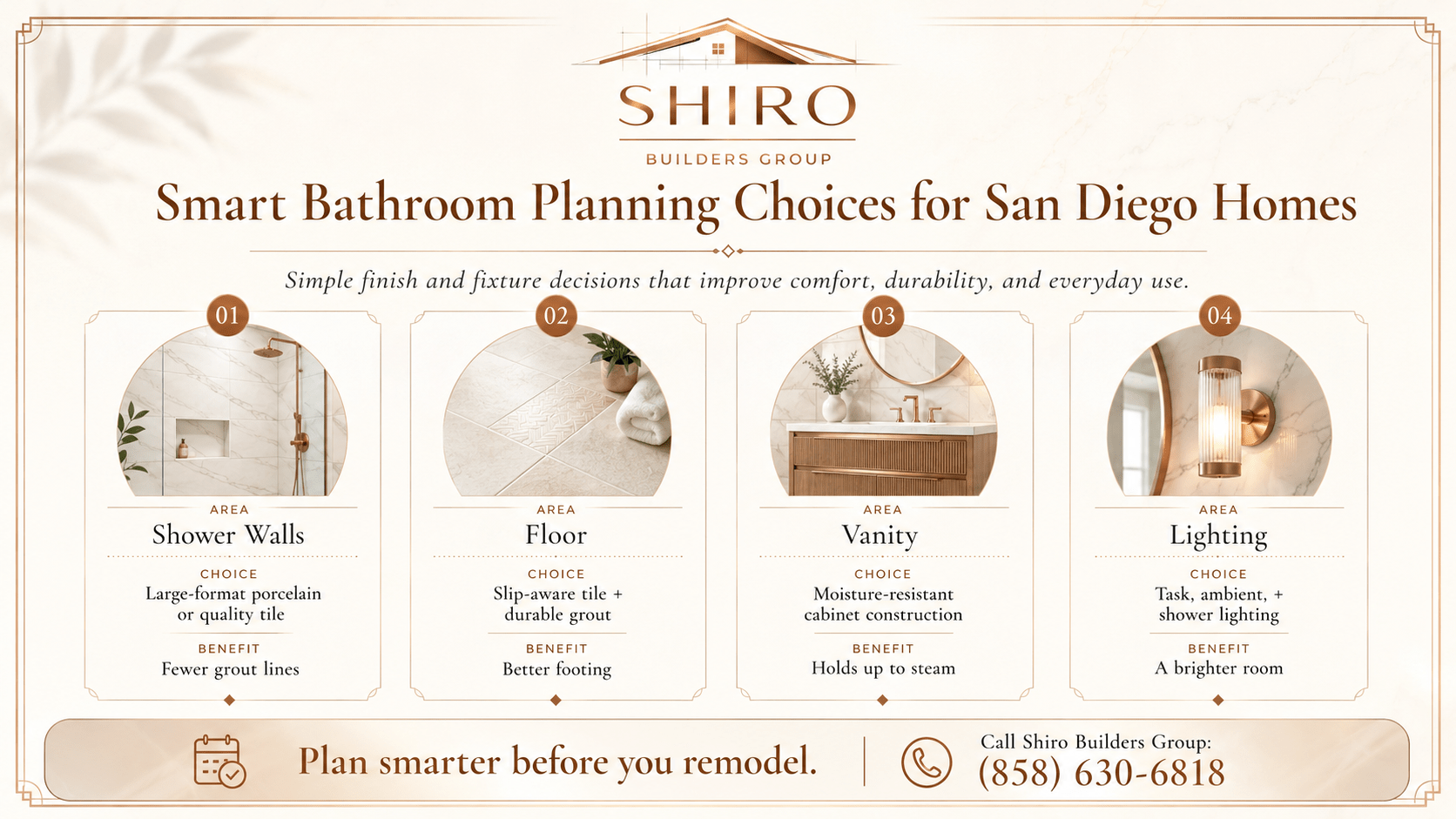 Shiro Builders Group infographic outlining bathroom remodel planning choices for San Diego homes, from porcelain shower walls and slip-resistant flooring to moisture-resistant vanities and layered lighting