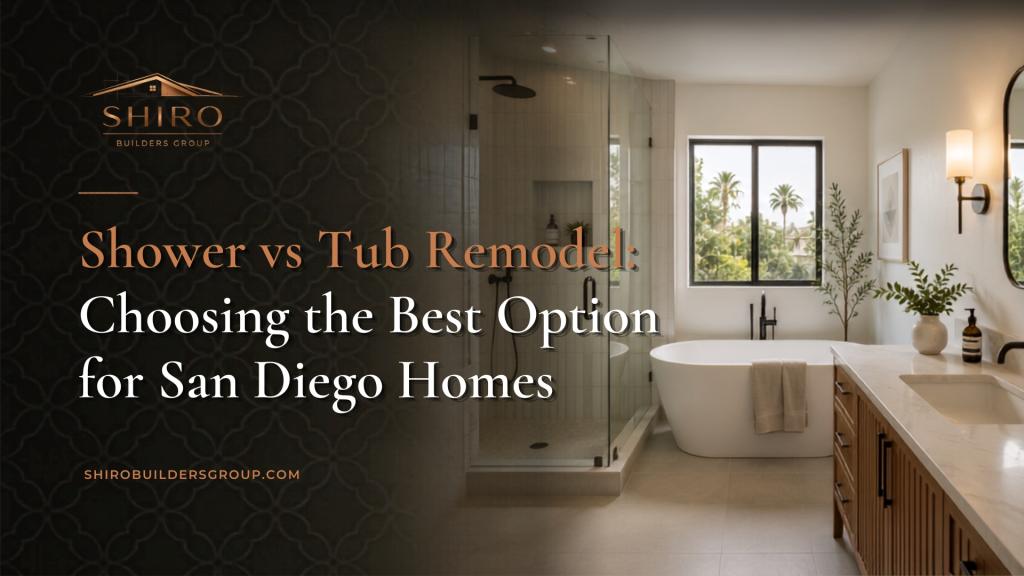 Shower vs tub remodel guide showing a modern San Diego bathroom with a walk-in shower, freestanding tub, and warm wood vanity
