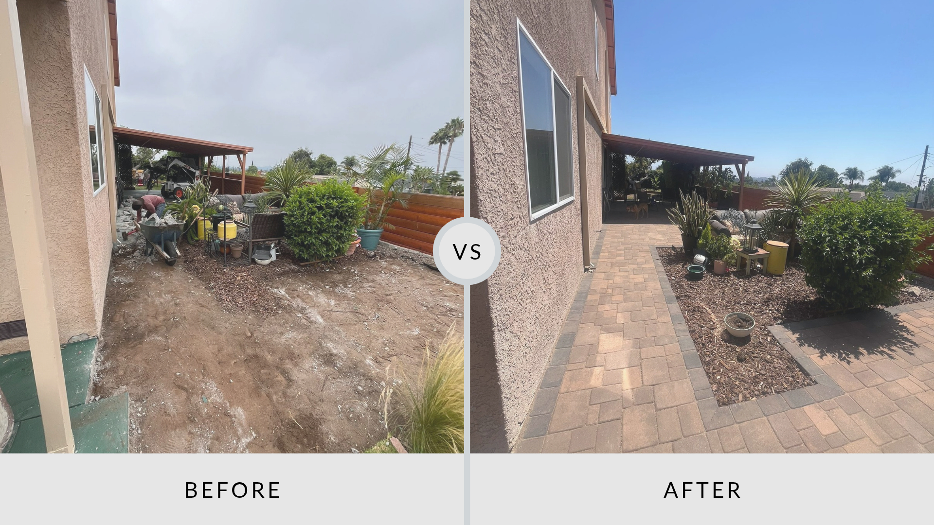 Before-and-after view of an outdoor area transformed from bare soil into a finished paver walkway and patio with defined planting beds, mulch, and improved access around the home.
