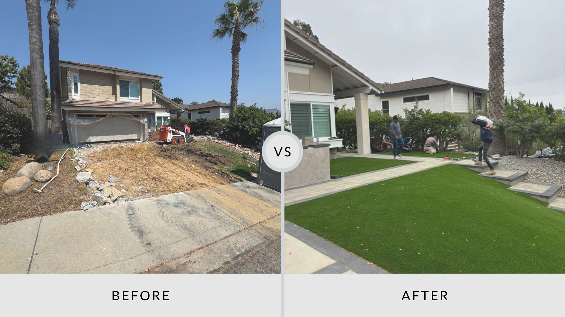 Before-and-after front yard remodel showing a sloped, unfinished landscape transformed with artificial turf, paved walkways, stone accents, and new outdoor steps.