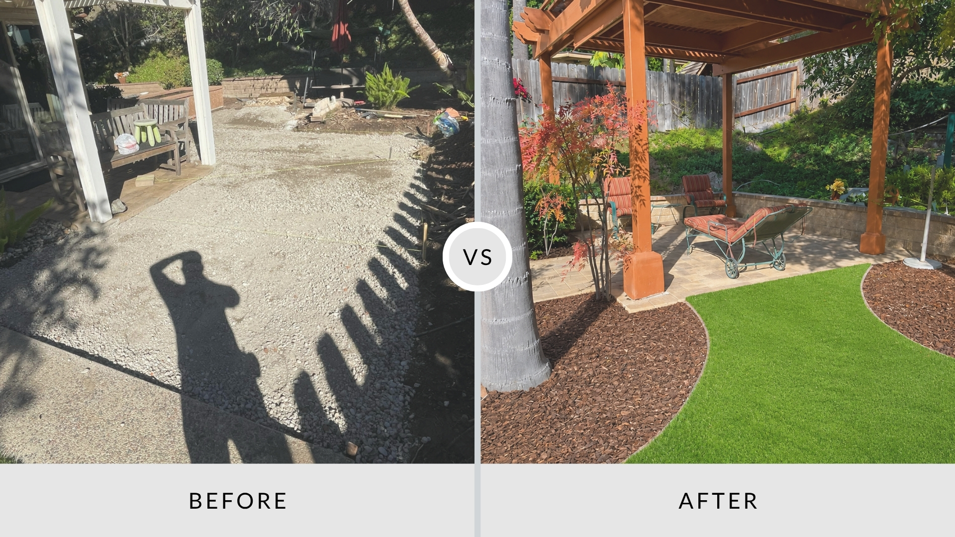 Before-and-after premium turf installation creating a modern backyard oasis with artificial grass, landscaping, and a pergola-covered lounge area.