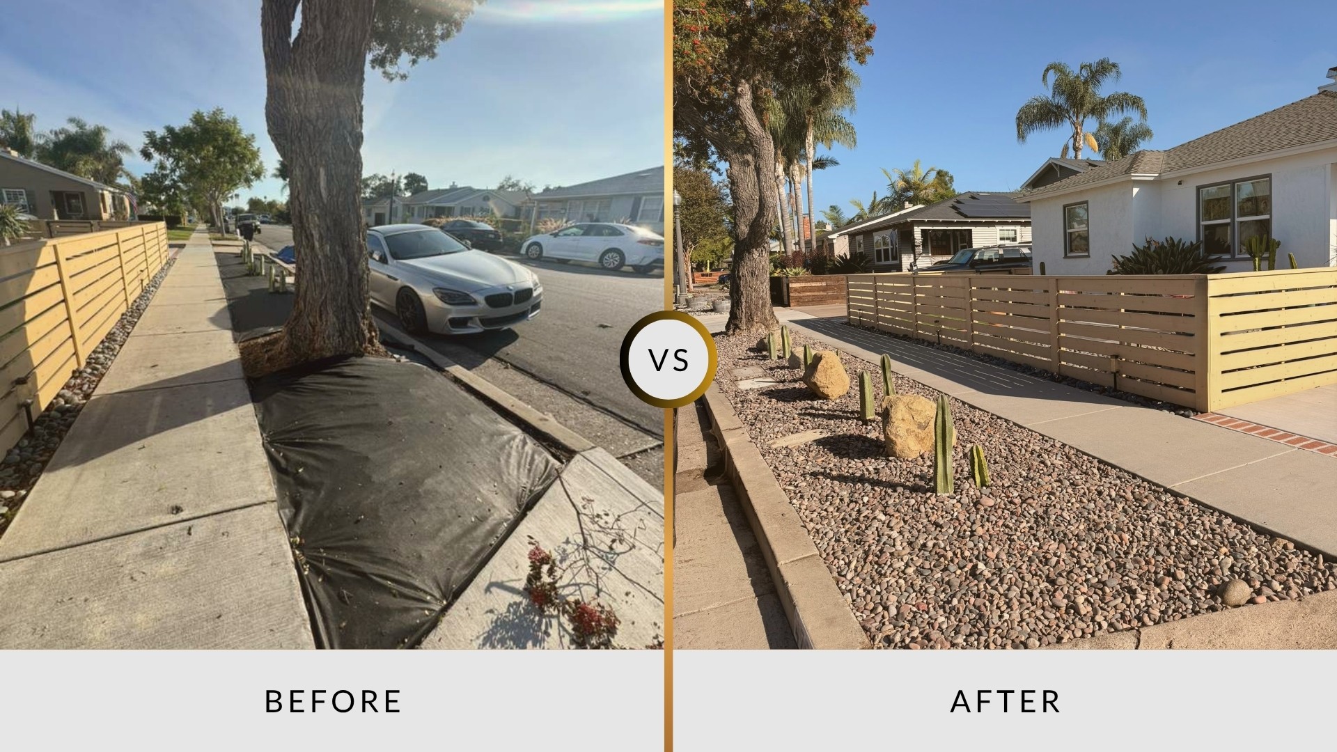Modern fence and xeriscape installation in San Diego CA showing front yard transformation before and after.