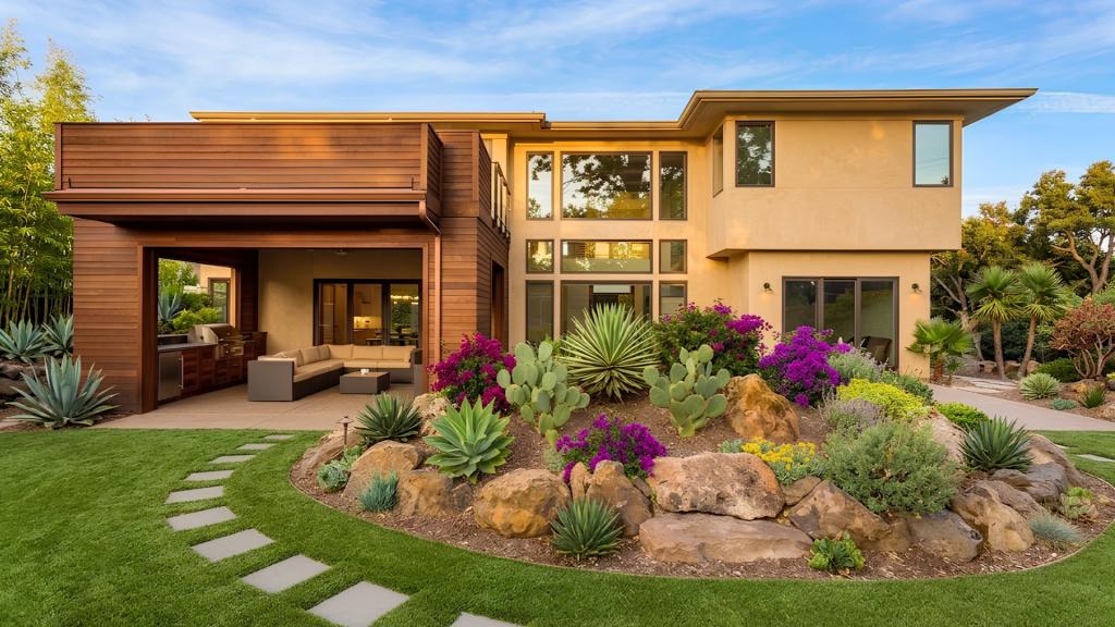Modern San Diego garage conversion featuring artificial turf, native landscaping, stone accents, and a covered outdoor living area.