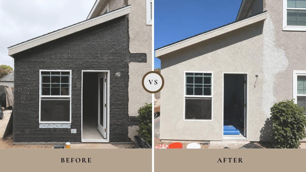 Before and after comparison showing a home addition exterior transformation with unfinished wall framing changed into a completed stucco-covered room extension