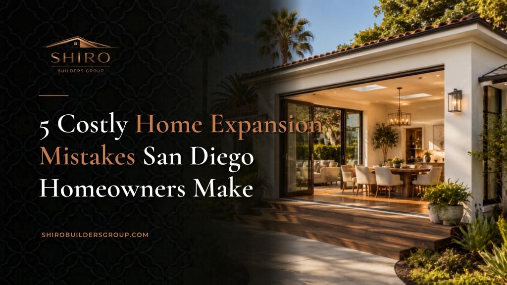 Modern home expansion project image featuring a spacious remodeled living area and guide title about costly home expansion mistakes San Diego homeowners should avoid