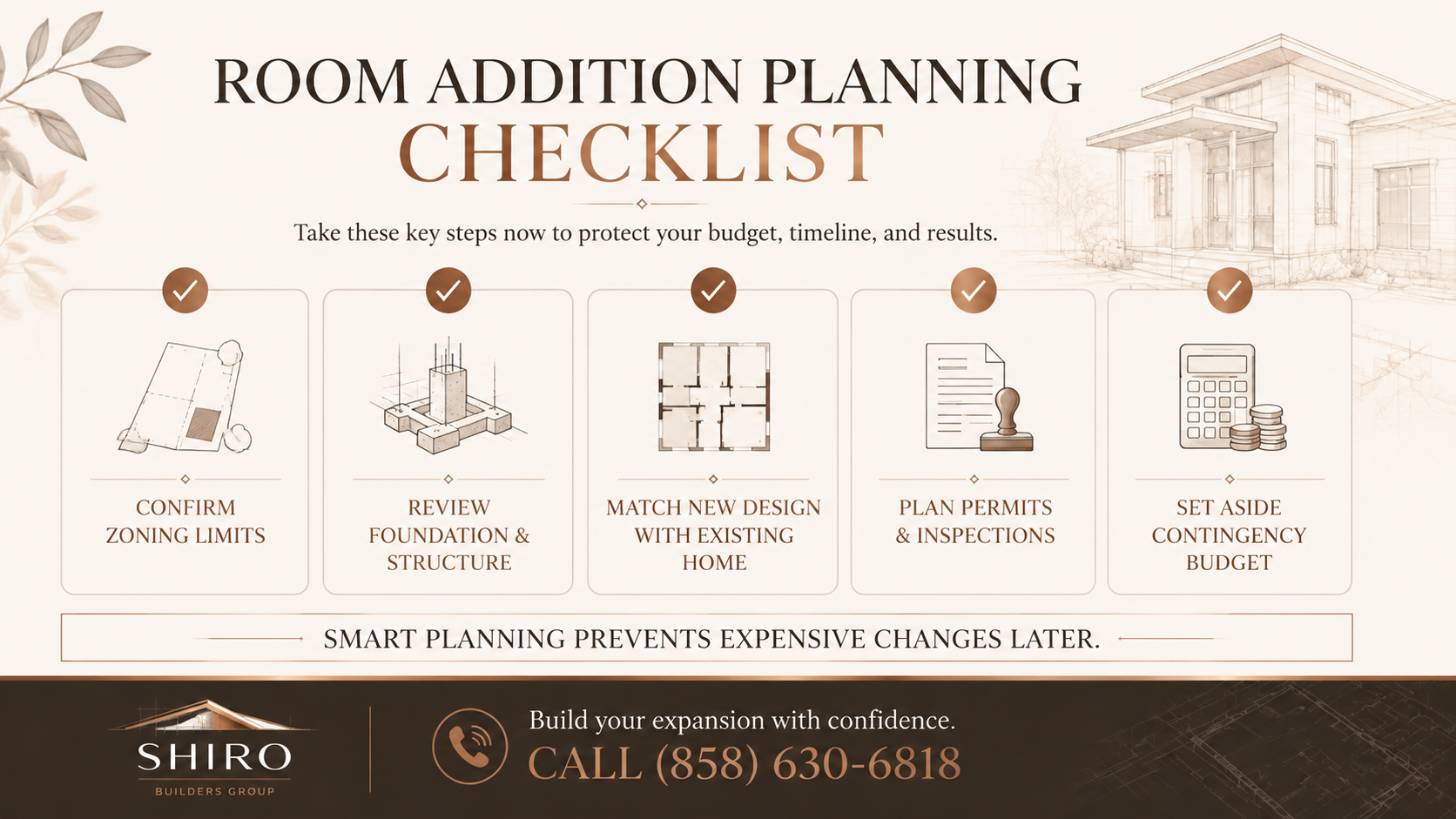 Shiro Builders Group room addition planning checklist infographic showing five steps for a successful home expansion, including zoning review, foundation planning, design matching, permits, and contingency budgeting