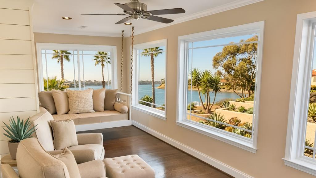 Spacious room addition in San Diego featuring large windows, seating area, and waterfront views for homeowners planning a home expansion