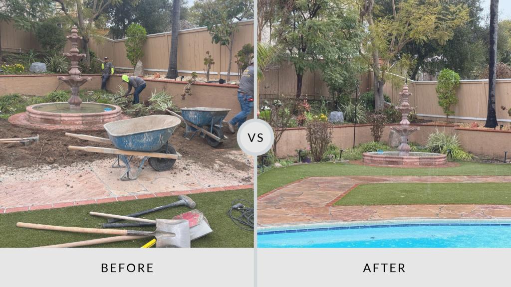 Before-and-after backyard makeover: workers, wheelbarrows, and tools surround a bare fountain area; afterward, a neat lawn, plants, and pool.