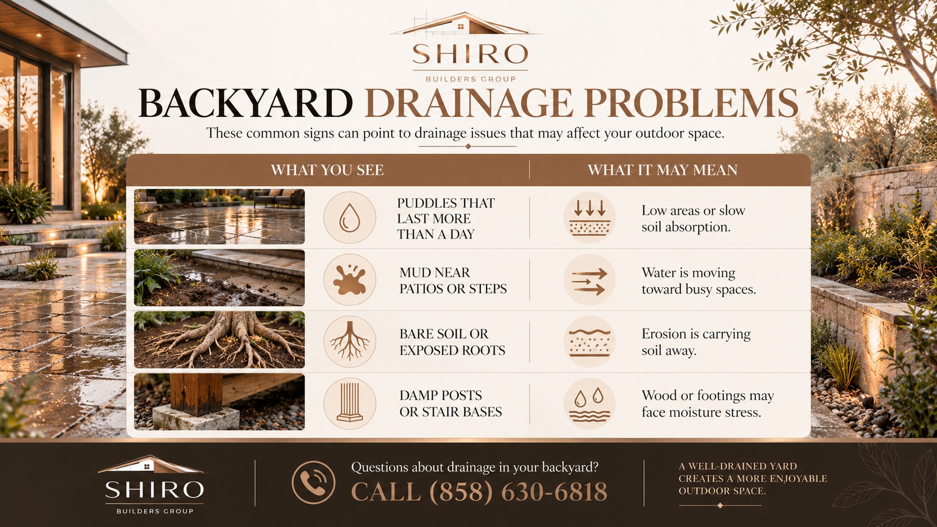 Backyard drainage problems infographic showing common signs of poor drainage, including puddles, mud, exposed roots, and damp posts