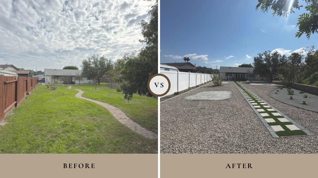 Before-and-after backyard landscaping transformation showing an open grass lawn changed into a low-maintenance gravel yard with a paved walkway and stepping stones