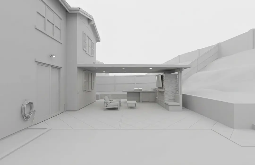 3D grayscale rendering of backyard patio cover and outdoor kitchen design by Shiro Builders Group