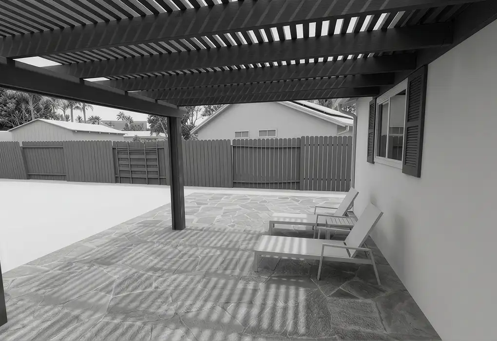 3D render of the planned exterior paint scheme for a stucco wall with shutters, pergola, and patio by Shiro Builders Group