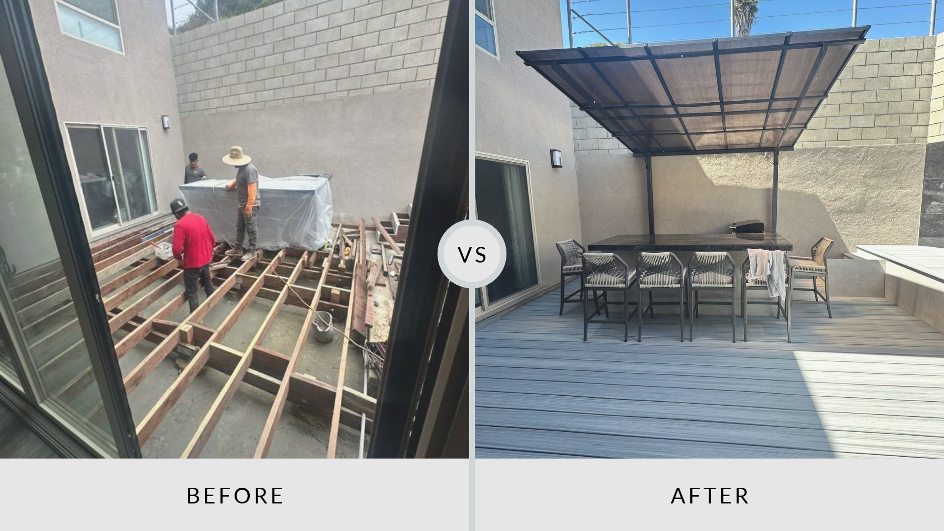 Before-and-after patio renovation: workers stand on exposed deck framing; the finished space has gray decking, a black pergola, and an outdoor dining set.