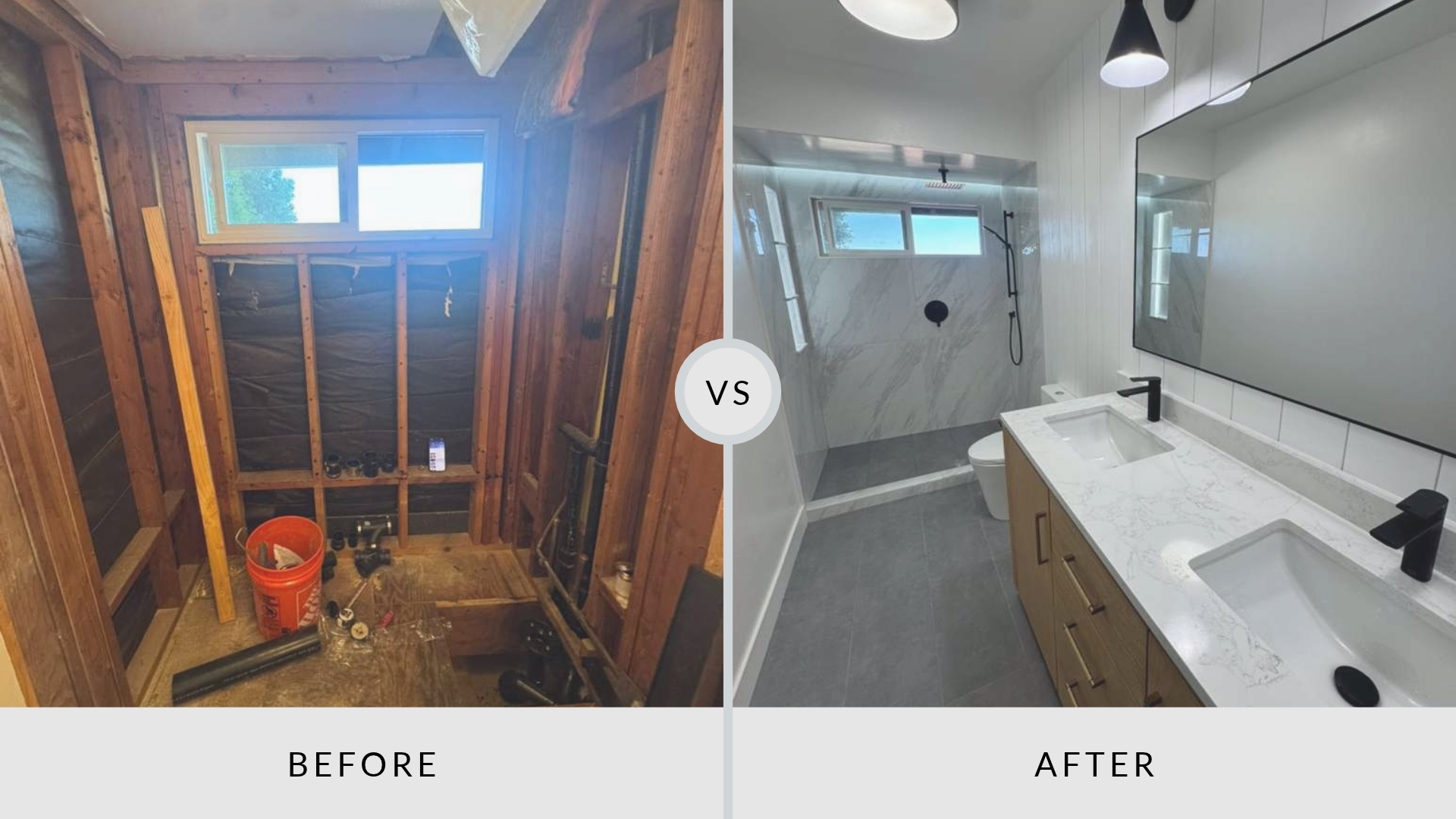 Before-and-after bathroom renovation: exposed wood framing and debris give way to a bright, modern marble shower and vanity.