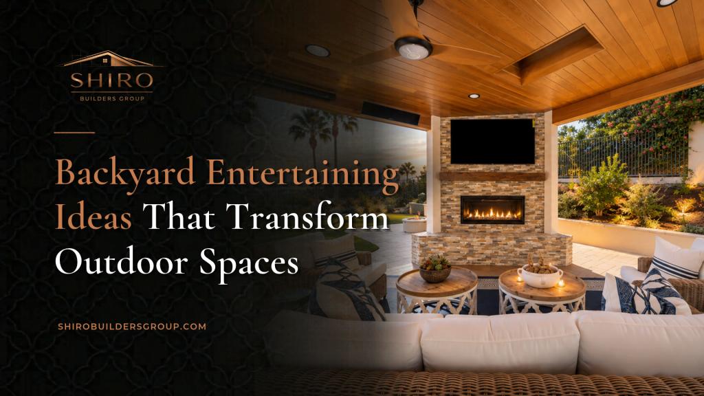 Outdoor living space with a fireplace and seating area illustrating backyard entertaining ideas for San Diego homes