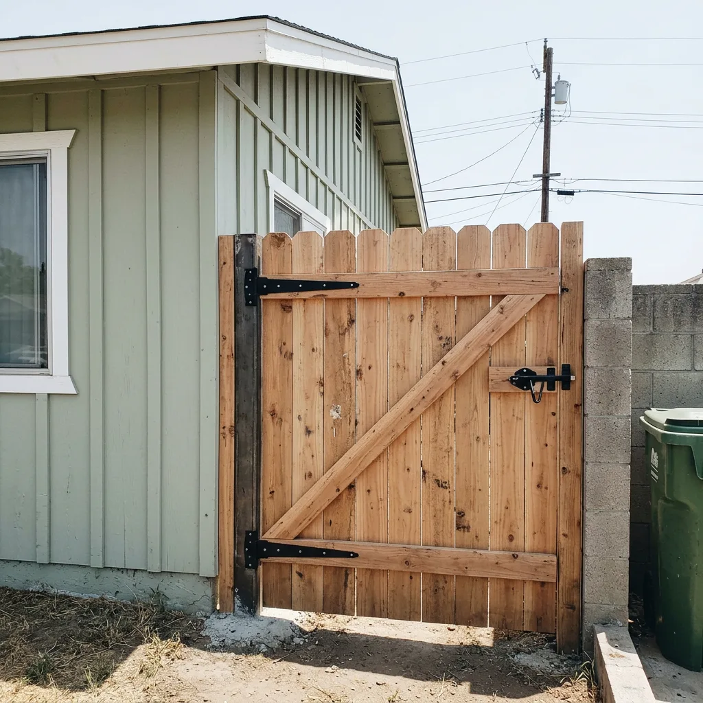 Side yard gate with diagonal brace, heavy-duty hinges and latch on a new post