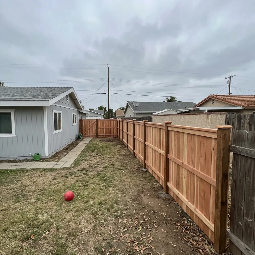 New six-foot wood privacy fence along a backyard property line in San Diego
