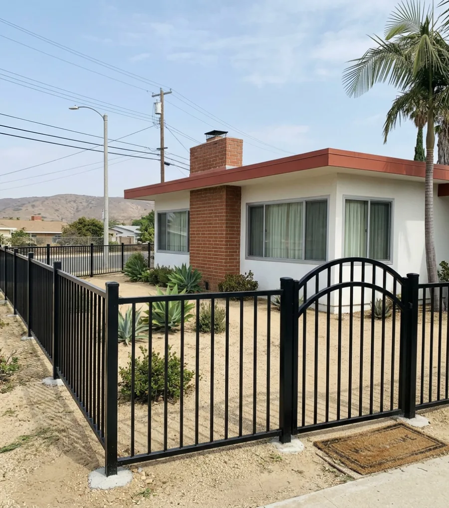 Black powder-coated aluminum fence and gate across a San Diego front yard