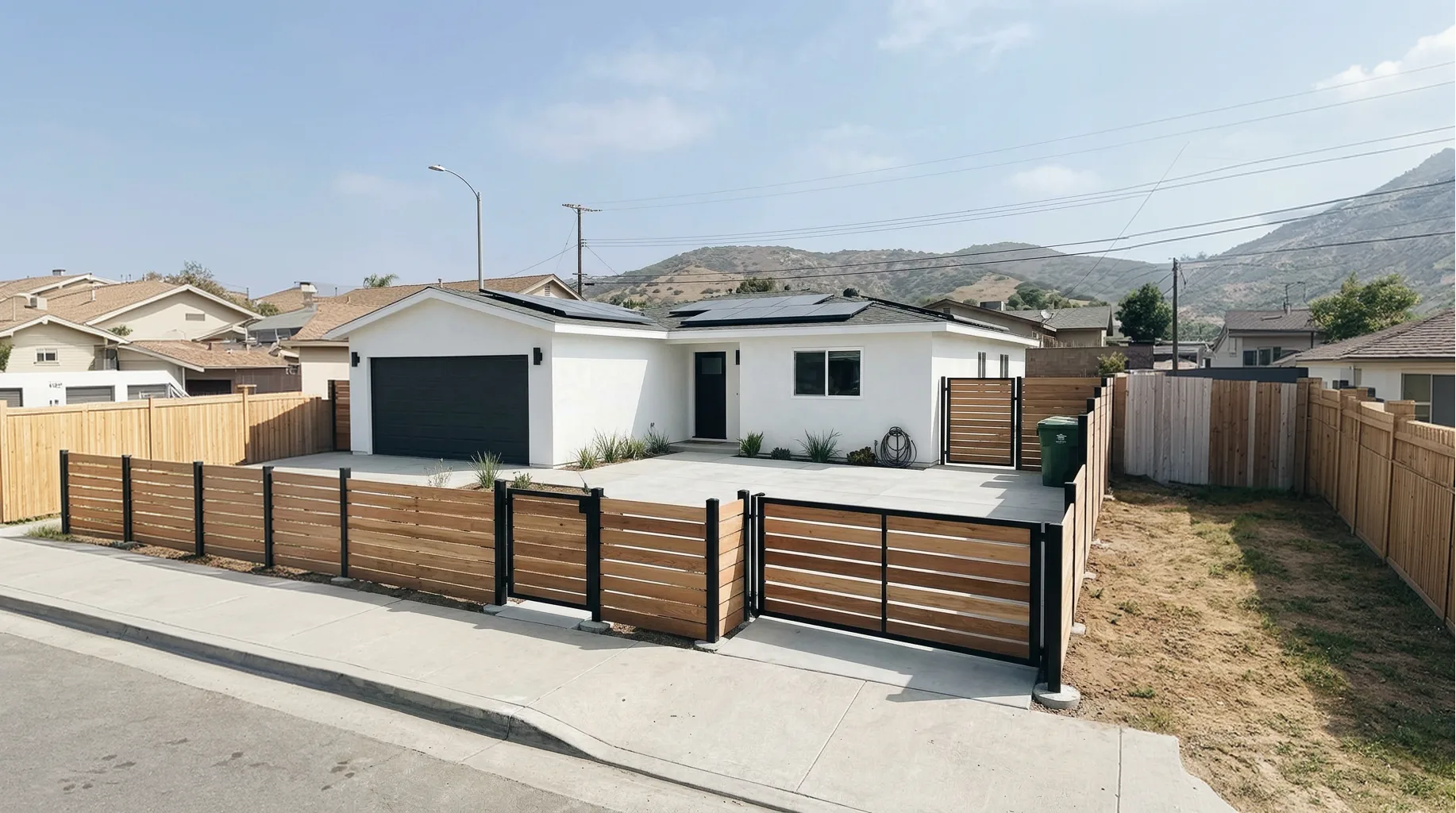 New horizontal cedar slat fence and matching driveway gate at a San Diego County home