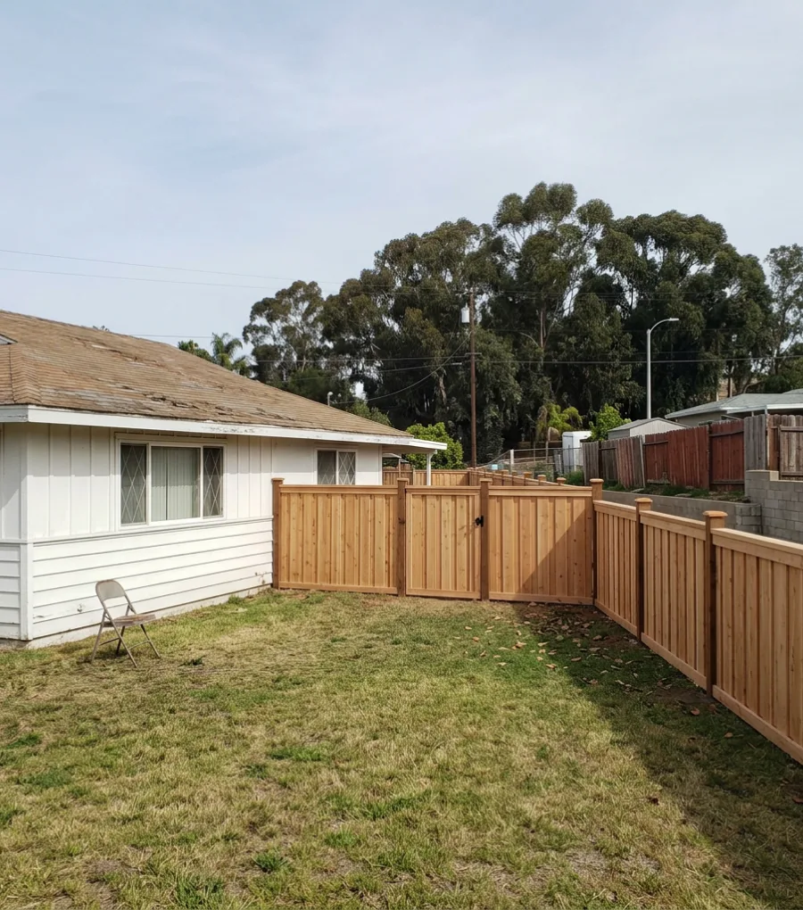 Board-on-board wood privacy fence with capped posts in a San Diego backyard